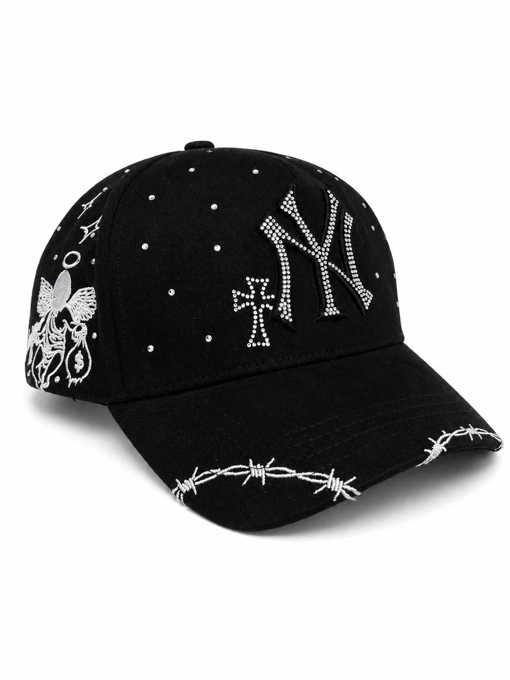 Gorra NY x PATRON Ajustable Negra con Detalles Blancos y Perlas