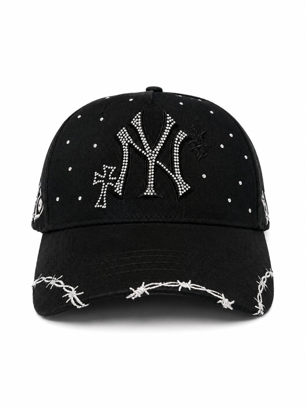 Gorra NY x PATRON Ajustable Negra con Detalles Blancos y Perlas